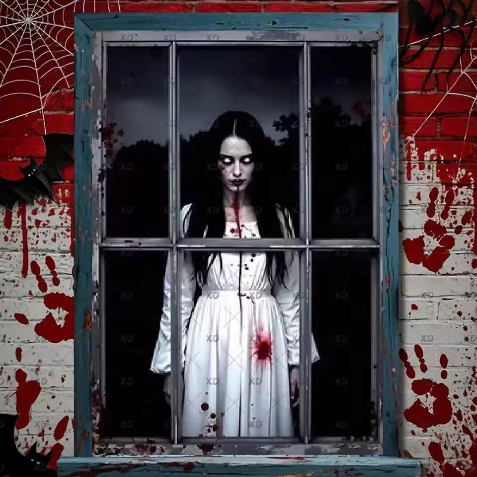 Halloween Bloody Ghost Woman Door Banner - Scary Window Backdrop Decor
