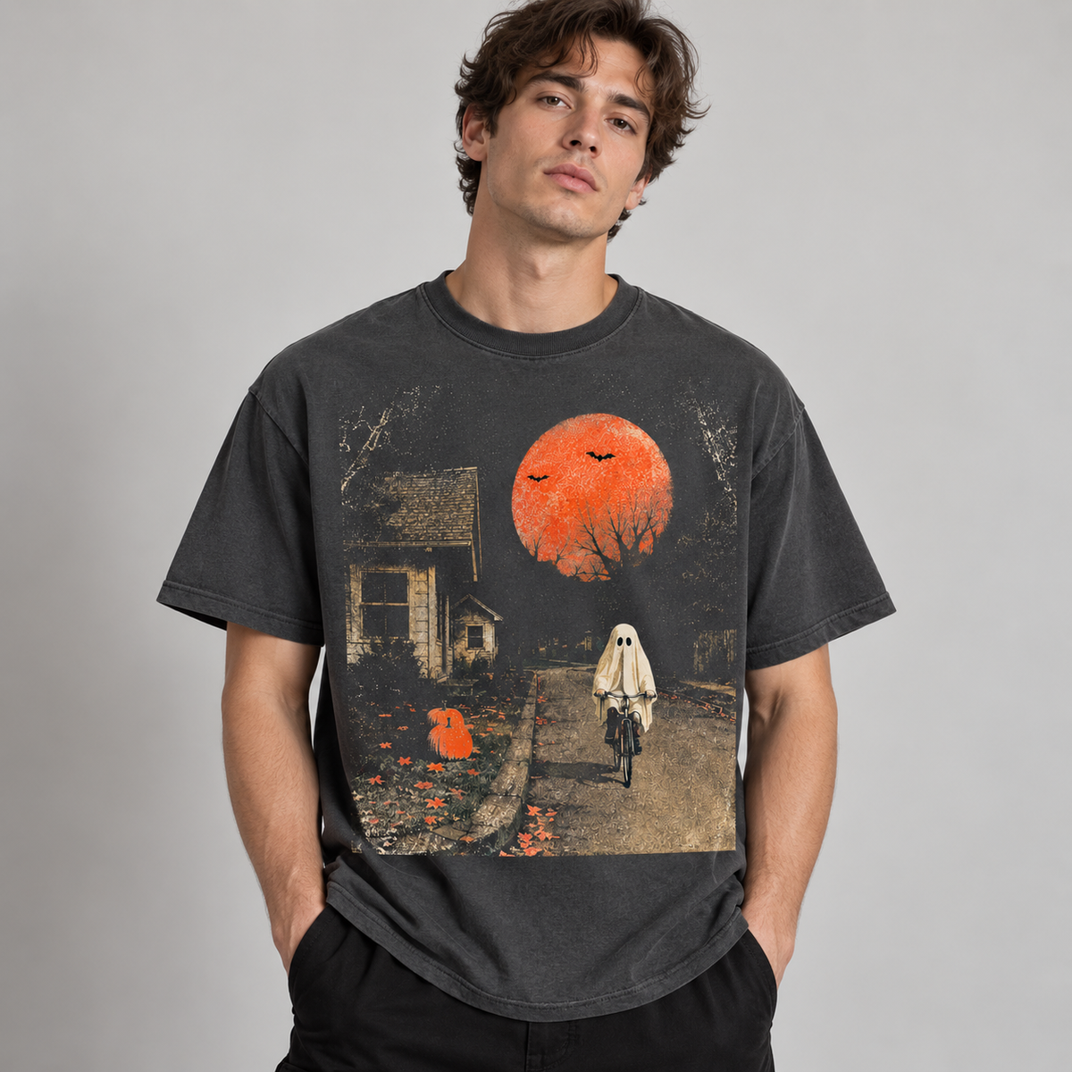 Spooky Halloween Ghost T-Shirt Retro Moon Graphic Tee