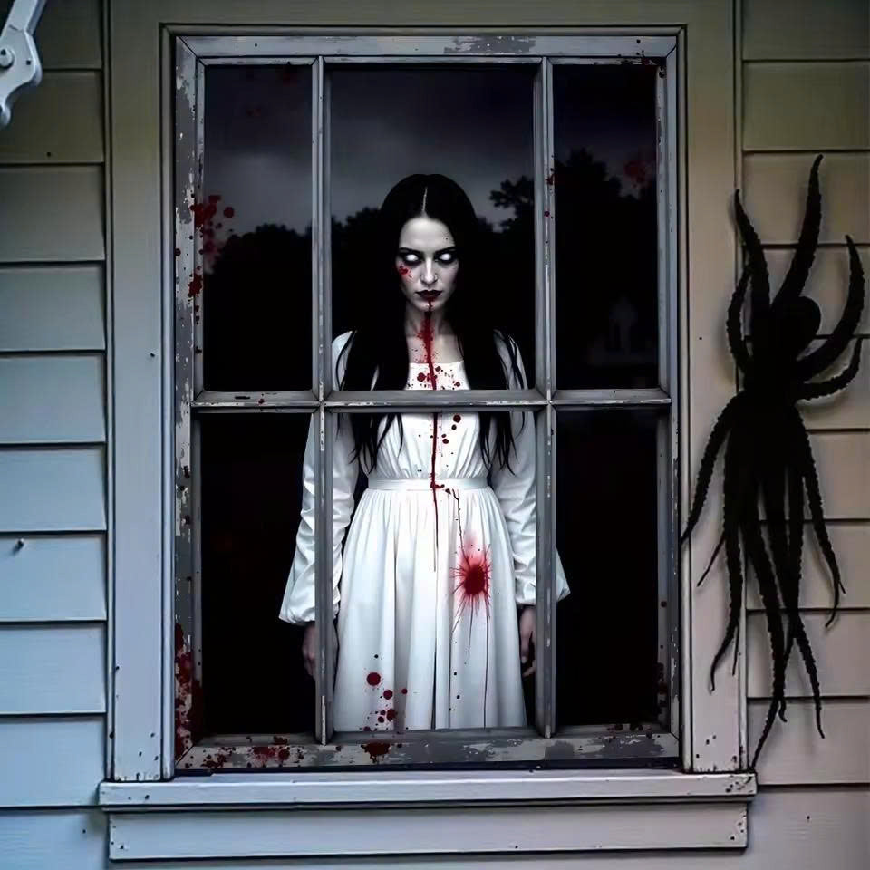 Halloween Bloody Ghost Woman Door Banner - Scary Window Backdrop Decor