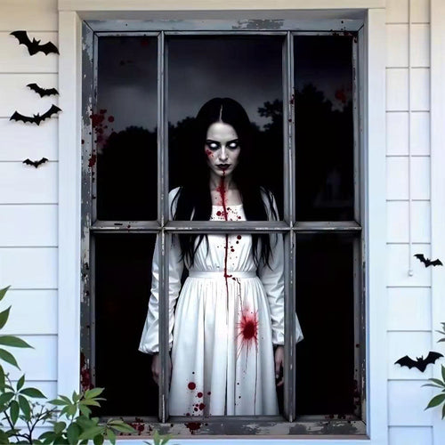 Halloween Bloody Ghost Woman Door Banner - Scary Window Backdrop Decor