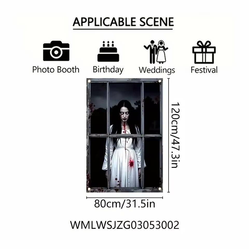 Halloween Bloody Ghost Woman Door Banner - Scary Window Backdrop Decor