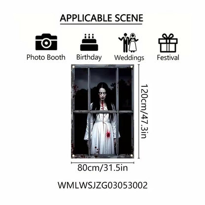 Halloween Bloody Ghost Woman Door Banner - Scary Window Backdrop Decor