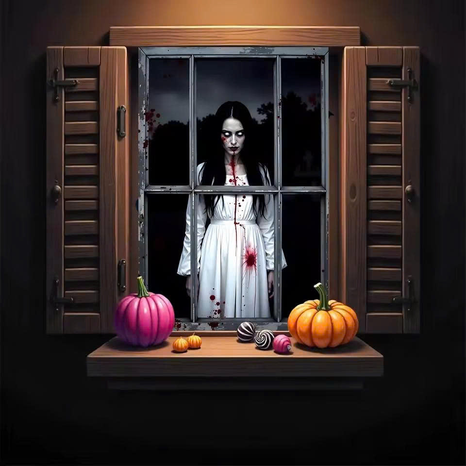 Halloween Bloody Ghost Woman Door Banner - Scary Window Backdrop Decor