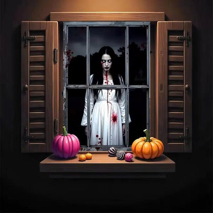 Halloween Bloody Ghost Woman Door Banner - Scary Window Backdrop Decor