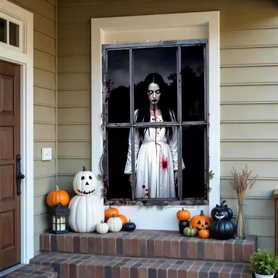 Halloween Bloody Ghost Woman Door Banner - Scary Window Backdrop Decor