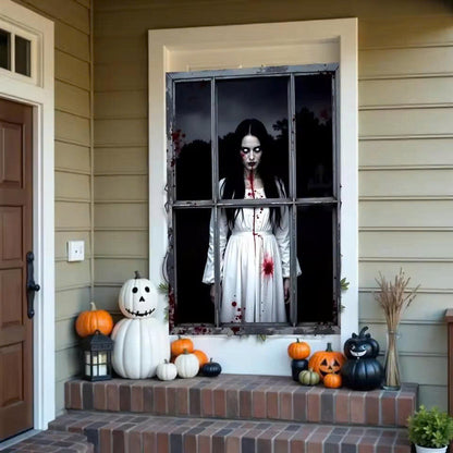 Halloween Bloody Ghost Woman Door Banner - Scary Window Backdrop Decor