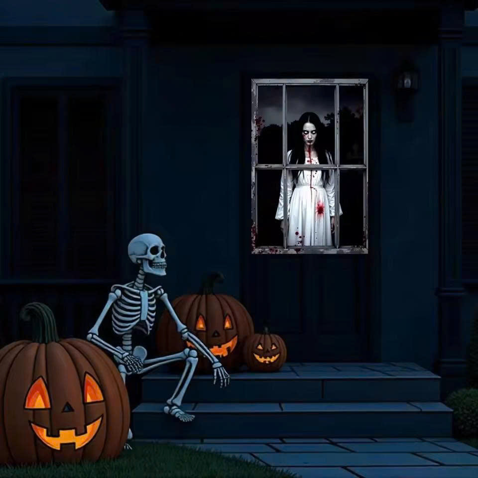 Halloween Bloody Ghost Woman Door Banner - Scary Window Backdrop Decor