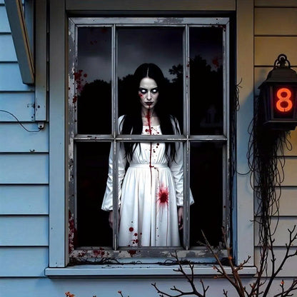 Halloween Bloody Ghost Woman Door Banner - Scary Window Backdrop Decor