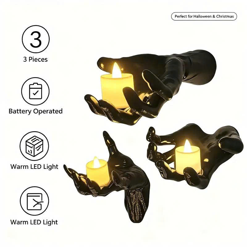 3PCS Wall Mounted Creepy Hands with LED Candles - Halloween Decor