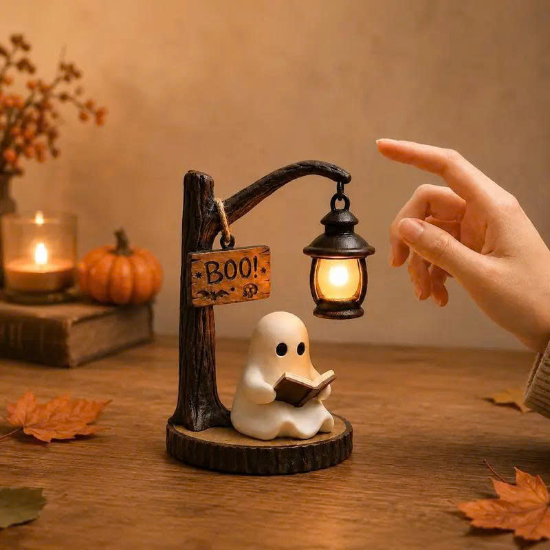 Cute Reading Ghost Figurine with LED Lantern - Halloween Table Decor
