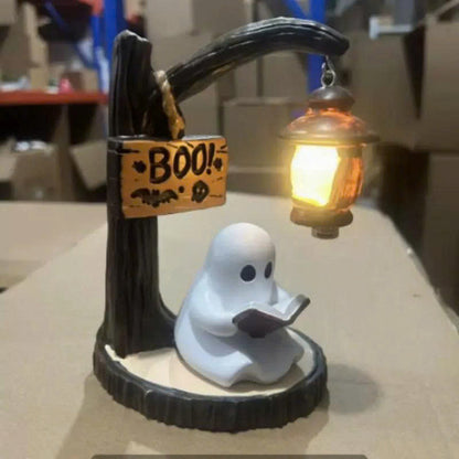 Cute Reading Ghost Figurine with LED Lantern - Halloween Table Decor