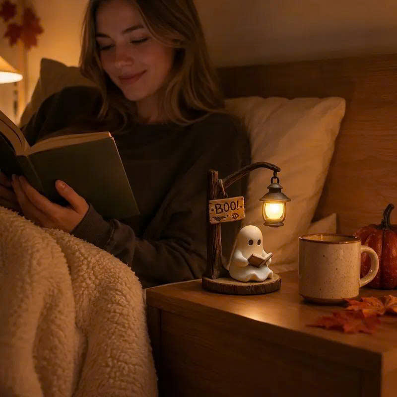 Cute Reading Ghost Figurine with LED Lantern - Halloween Table Decor
