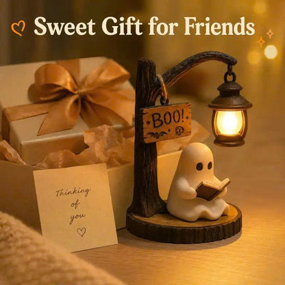 Cute Reading Ghost Figurine with LED Lantern - Halloween Table Decor