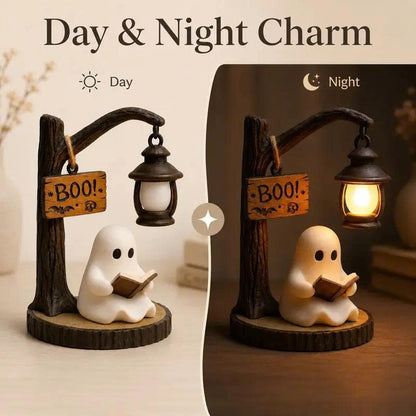 Cute Reading Ghost Figurine with LED Lantern - Halloween Table Decor