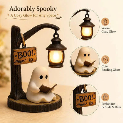 Cute Reading Ghost Figurine with LED Lantern - Halloween Table Decor