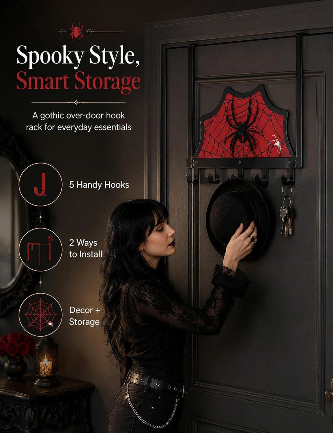Spider Web Over The Door Hook Rack with 5 Hooks - Gothic Home Decor