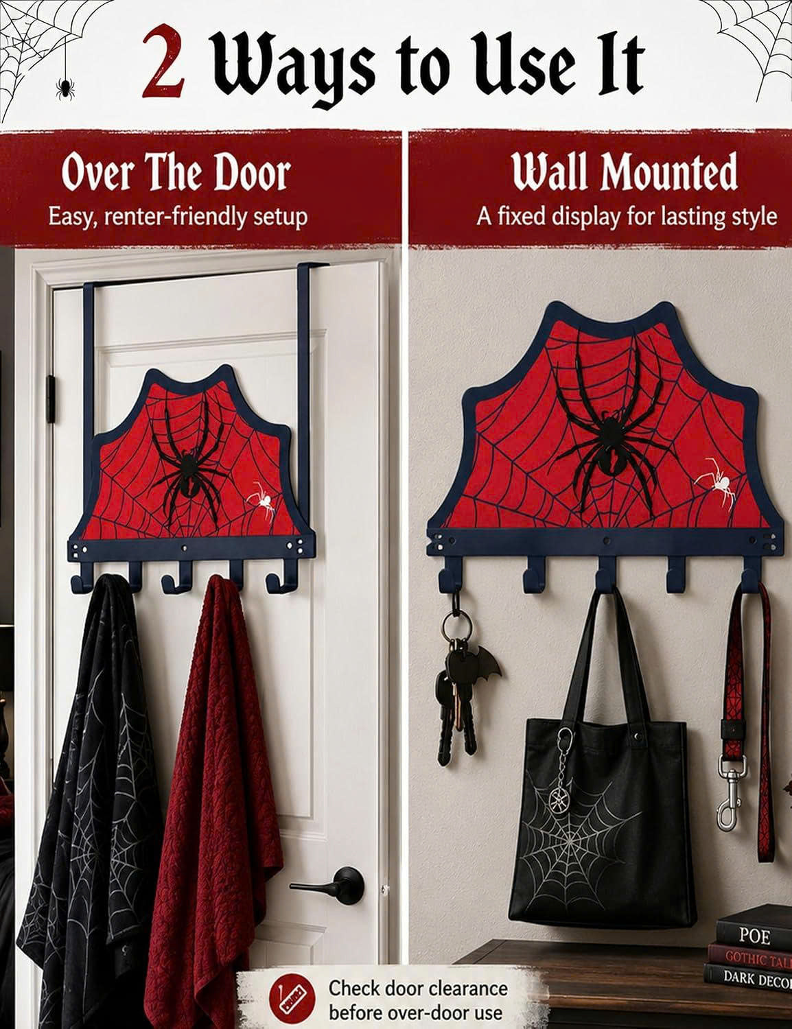 Spider Web Over The Door Hook Rack with 5 Hooks - Gothic Home Decor