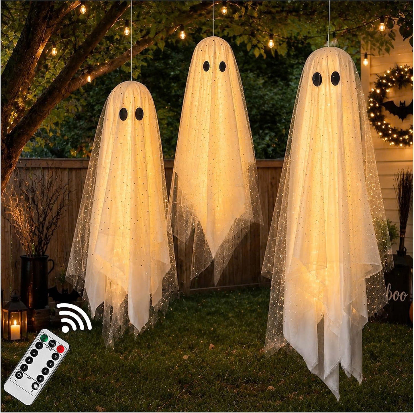 3PCS Lighted Hanging Ghost Halloween Decorations with Remote