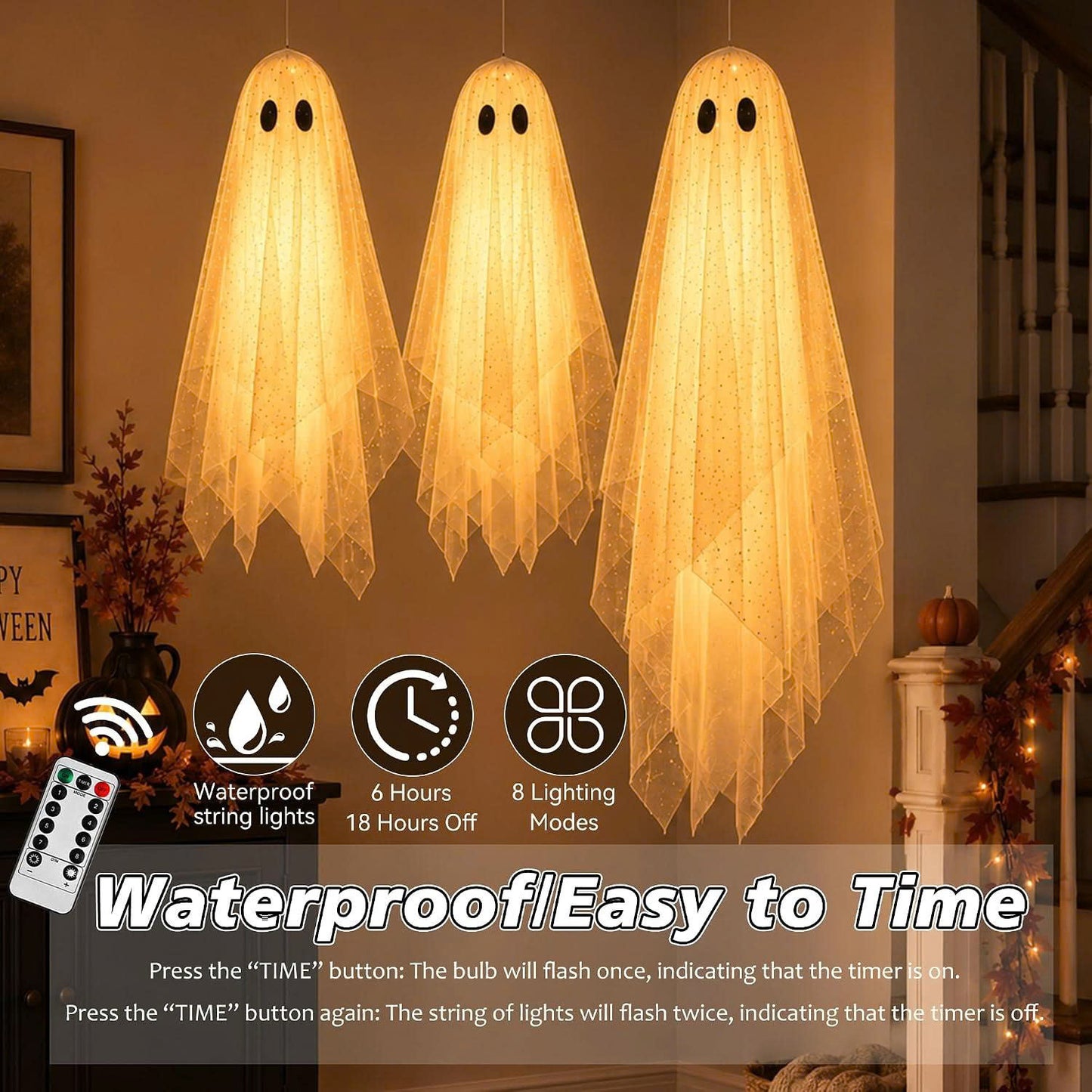 3PCS Lighted Hanging Ghost Halloween Decorations with Remote