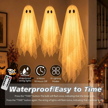 3PCS Lighted Hanging Ghost Halloween Decorations with Remote