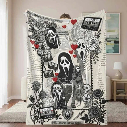 Ghost Face & Roses Flannel Throw Blanket - Spooky Halloween Blanket