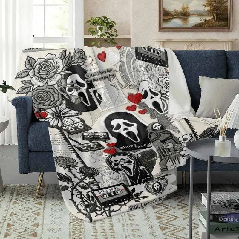 Ghost Face & Roses Flannel Throw Blanket - Spooky Halloween Blanket