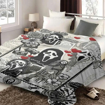 Ghost Face & Roses Flannel Throw Blanket - Spooky Halloween Blanket