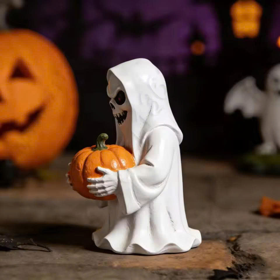 Halloween Resin White Ghost Holding Pumpkin Statue - Yard & Garden Decor