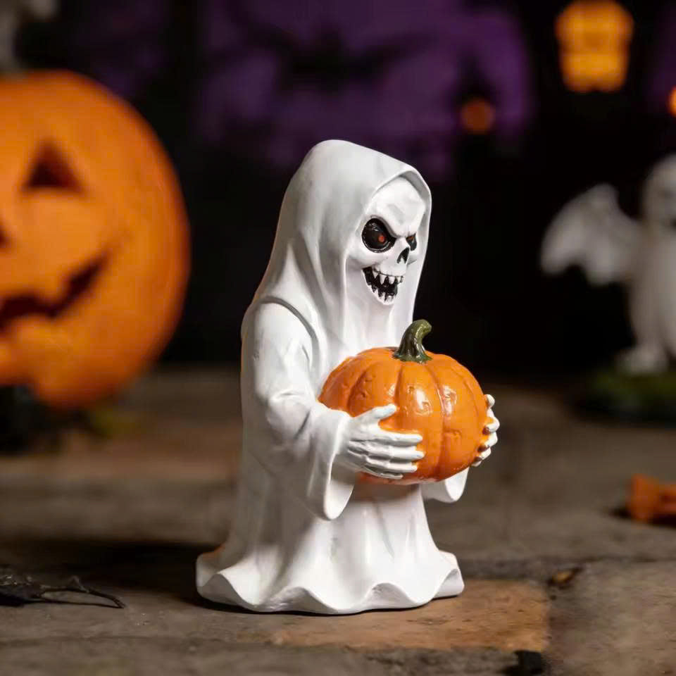 Halloween Resin White Ghost Holding Pumpkin Statue - Yard & Garden Decor