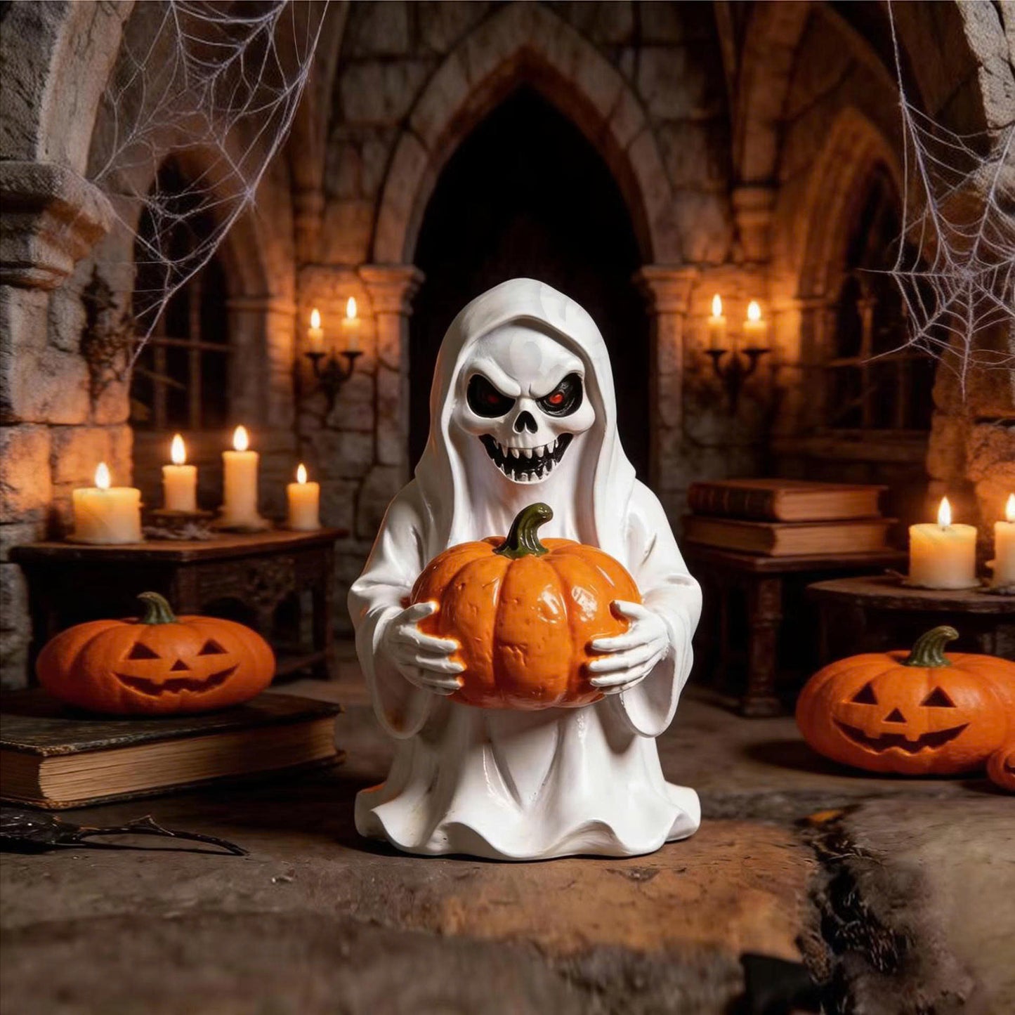 Halloween Resin White Ghost Holding Pumpkin Statue - Yard & Garden Decor
