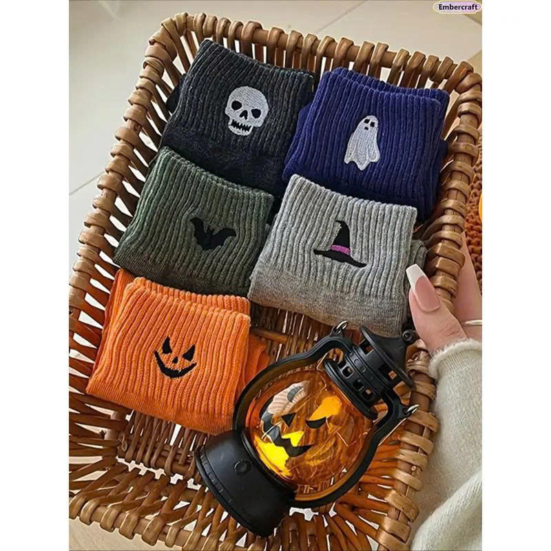 5 Pairs Women’s Cute Halloween Socks - Cozy Knit Crew Socks Set