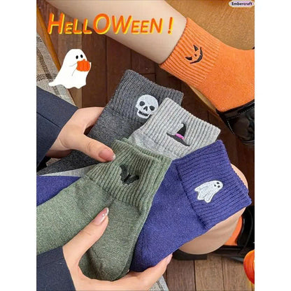 5 Pairs Women’s Cute Halloween Socks - Cozy Knit Crew Socks Set