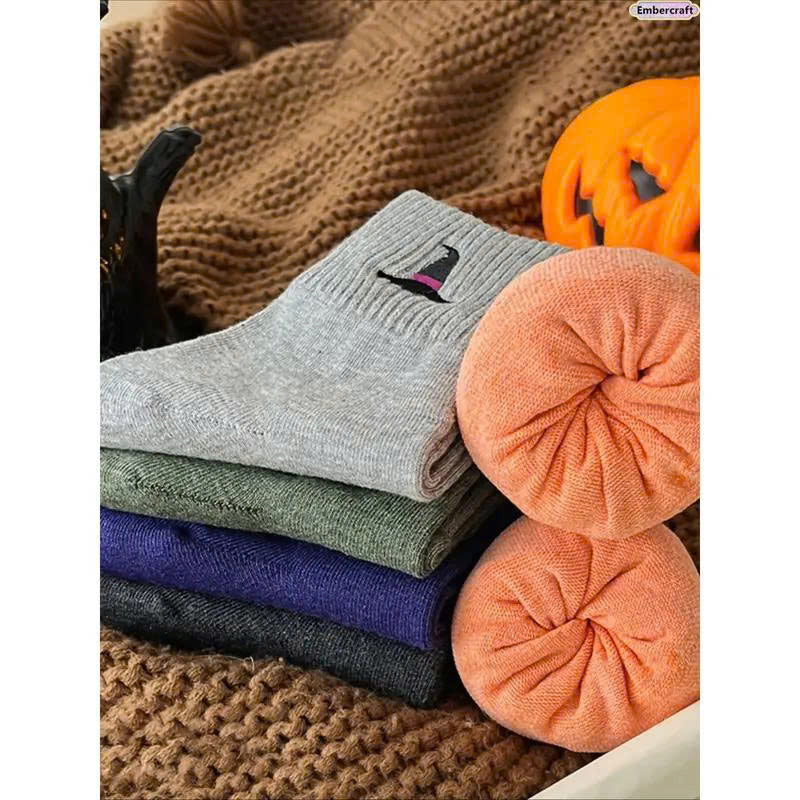 5 Pairs Women’s Cute Halloween Socks - Cozy Knit Crew Socks Set