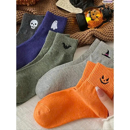 5 Pairs Women’s Cute Halloween Socks - Cozy Knit Crew Socks Set