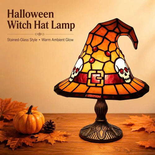 Halloween Witch Hat Table Lamp - Stained Glass Style Night Light