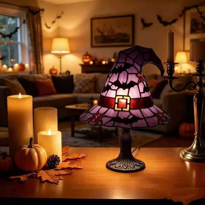 Halloween Witch Hat Table Lamp - Stained Glass Style Night Light
