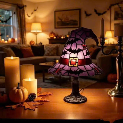 Halloween Witch Hat Table Lamp - Stained Glass Style Night Light