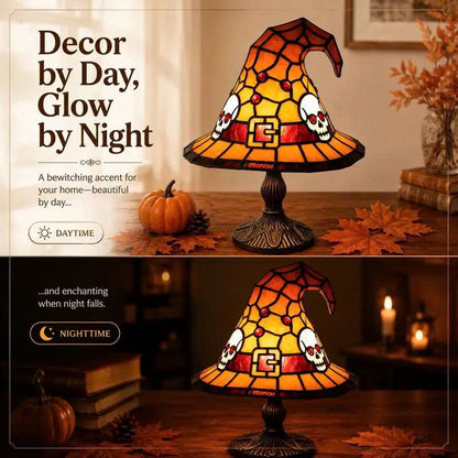 Halloween Witch Hat Table Lamp - Stained Glass Style Night Light