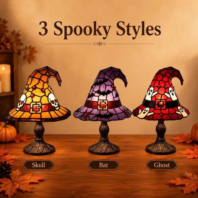 Halloween Witch Hat Table Lamp - Stained Glass Style Night Light