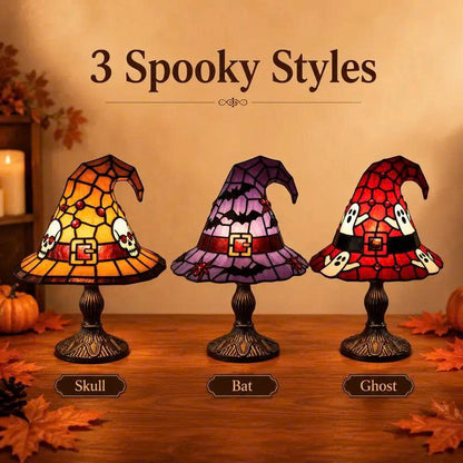 Halloween Witch Hat Table Lamp - Stained Glass Style Night Light