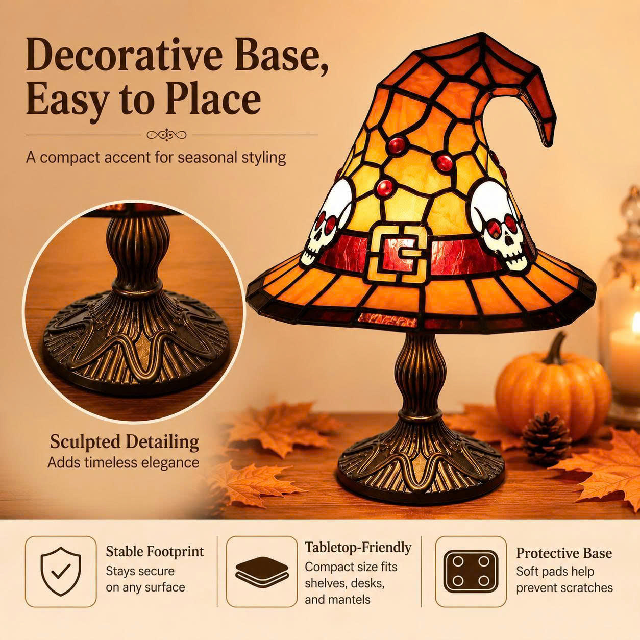 Halloween Witch Hat Table Lamp - Stained Glass Style Night Light