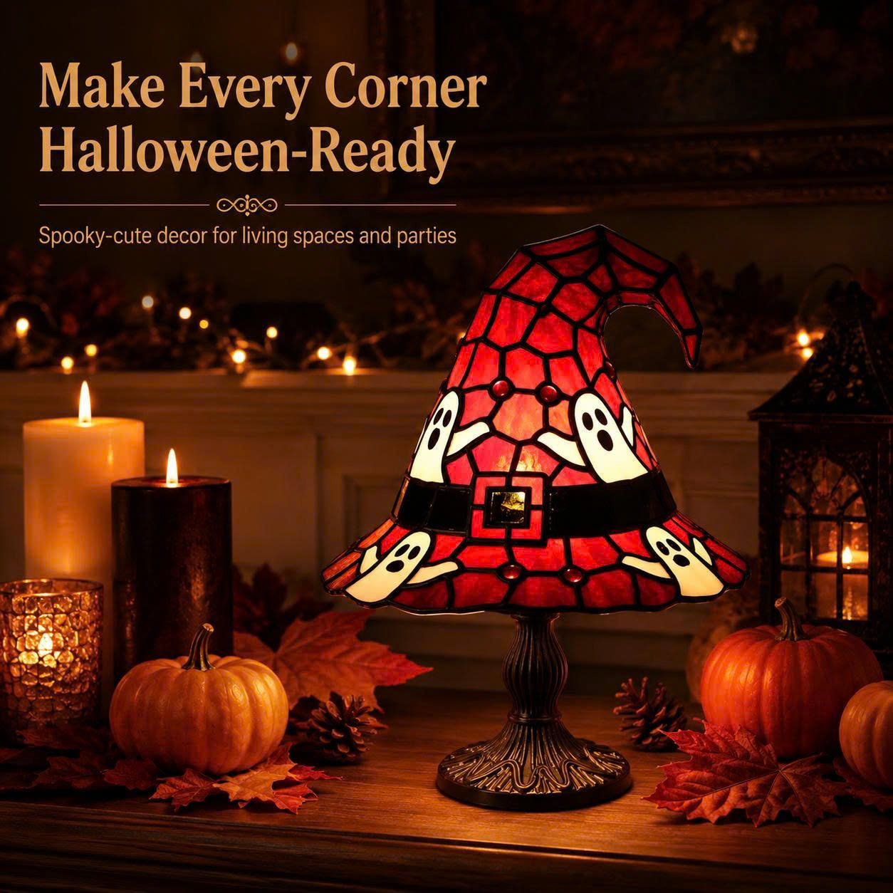 Halloween Witch Hat Table Lamp - Stained Glass Style Night Light