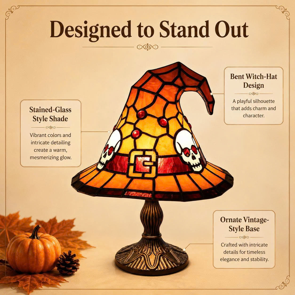 Halloween Witch Hat Table Lamp - Stained Glass Style Night Light