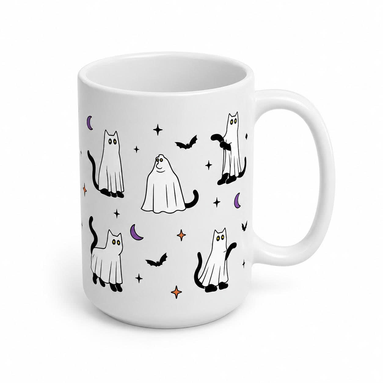 Ghost Cat Halloween Ceramic Coffee Mug - 15oz Cute Spooky Cat Cup