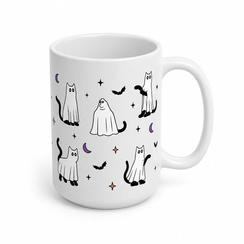 Ghost Cat Halloween Ceramic Coffee Mug - 15oz Cute Spooky Cat Cup