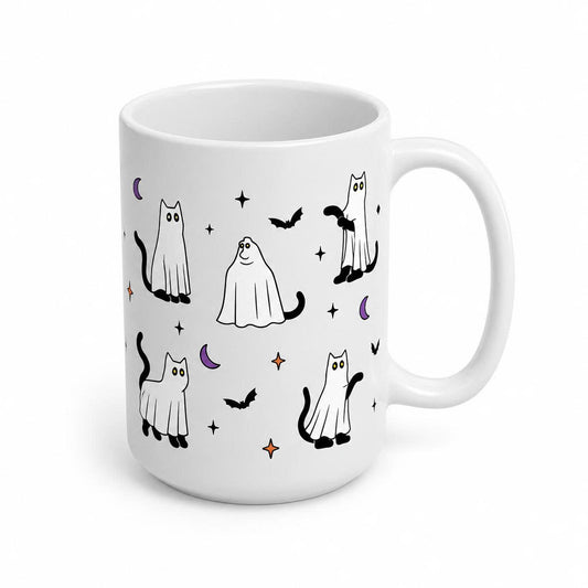 Ghost Cat Halloween Ceramic Coffee Mug - 15oz Cute Spooky Cat Cup