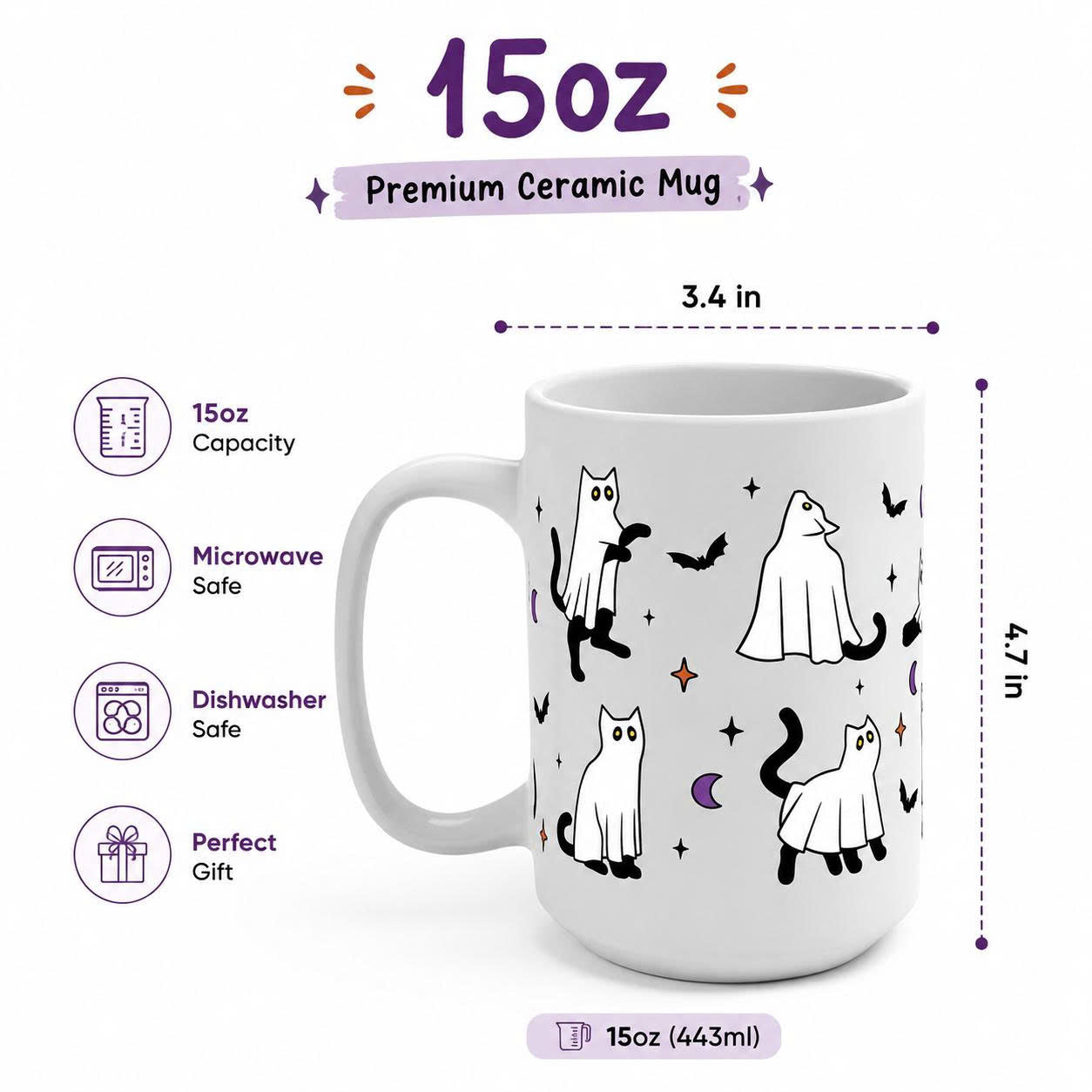 Ghost Cat Halloween Ceramic Coffee Mug - 15oz Cute Spooky Cat Cup