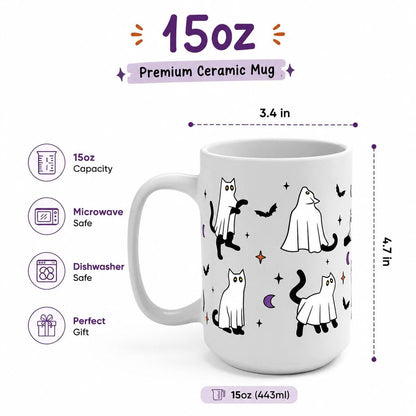 Ghost Cat Halloween Ceramic Coffee Mug - 15oz Cute Spooky Cat Cup