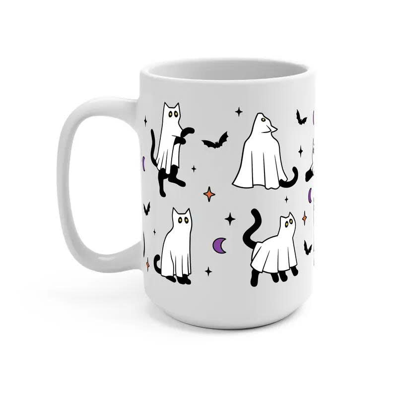 Ghost Cat Halloween Ceramic Coffee Mug - 15oz Cute Spooky Cat Cup