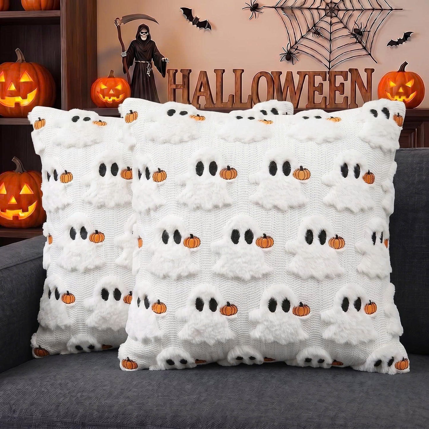 Set of 2 Halloween Ghost Soft Faux Fur Throw Pillow Covers